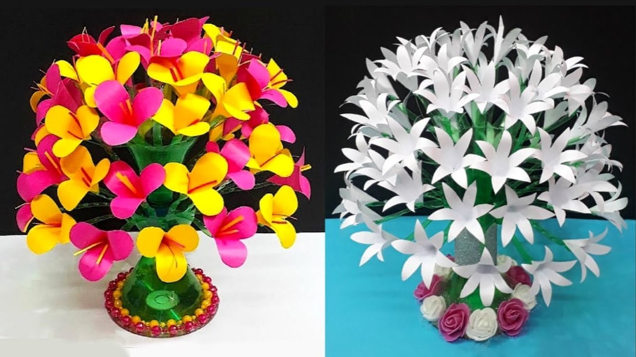 2 flower bouquet DIY made with Plastic bottle and Paper | Best out of waste -  room décor idea