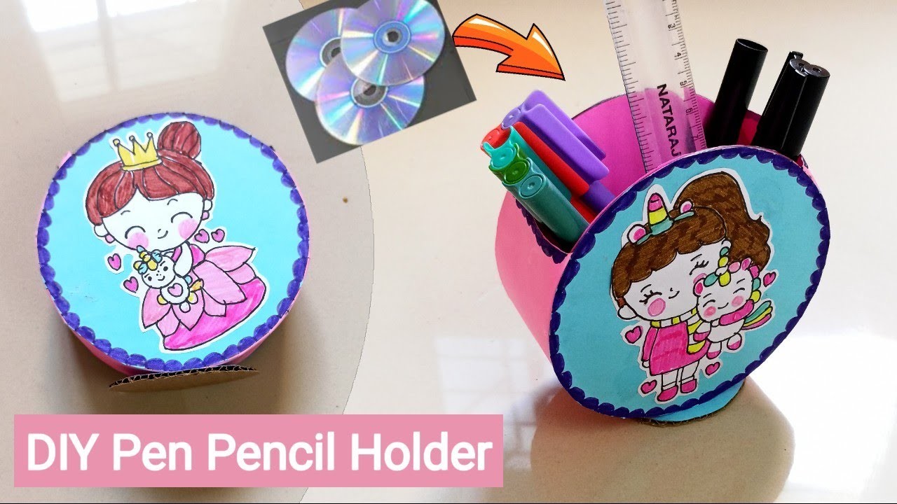 DIY pen pencil holder. waste cd craft idea. easy paper craft.pen stand
