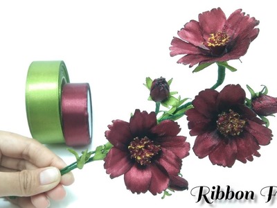 DIY.how to make satin ribbon flower cosmos easy