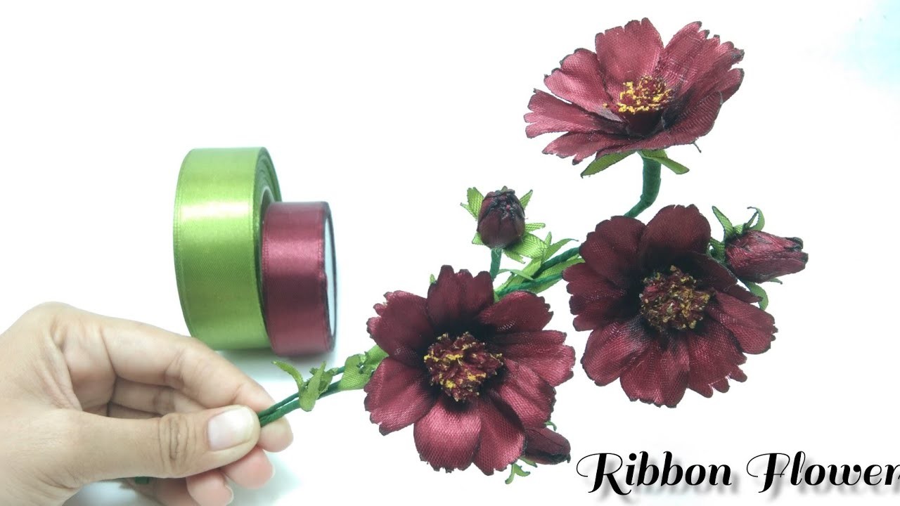 DIY.how to make satin ribbon flower cosmos easy