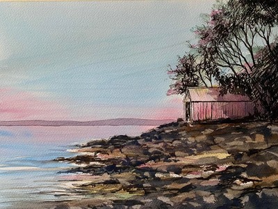Painting Sunset LIGHT & SHADOWS, watercolour landscape Lake Painting, ink & wash watercolor tutorial