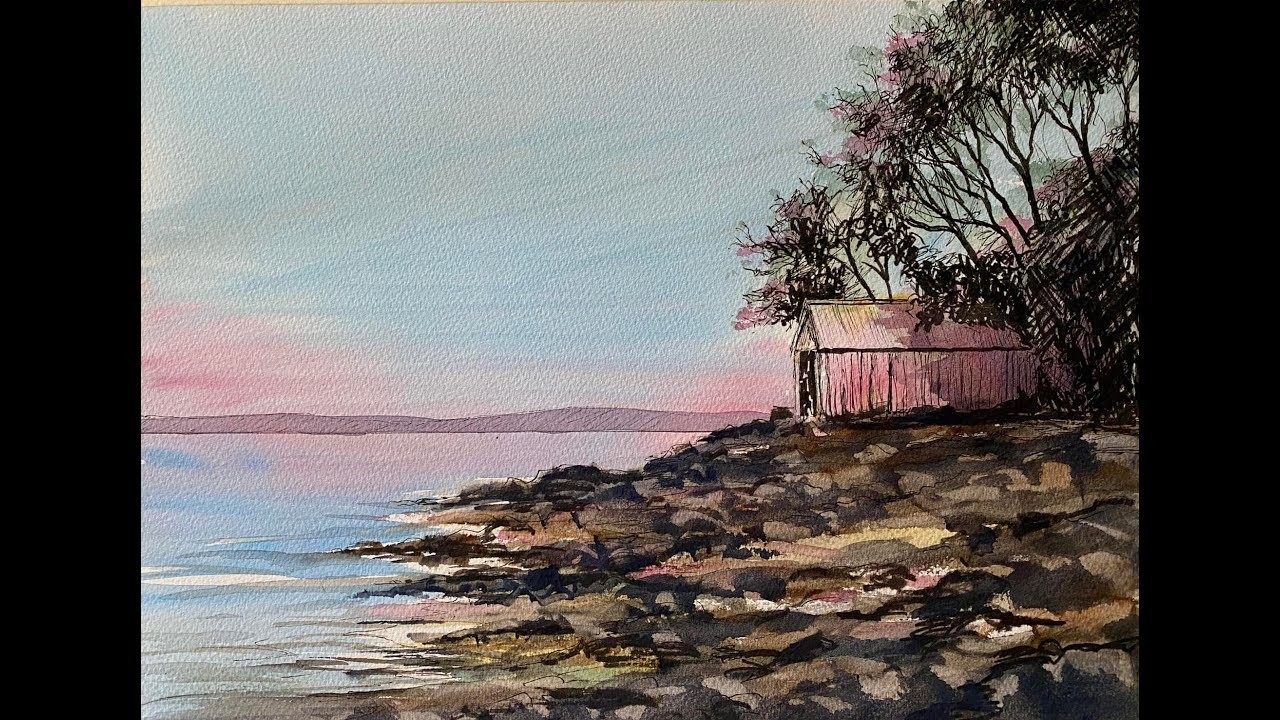 Painting Sunset LIGHT & SHADOWS, watercolour landscape Lake Painting, ink & wash watercolor tutorial