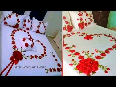 Ribbon work Hand embroidery bedsheet design। Ribbon work chadar design। Fita wala chadar design