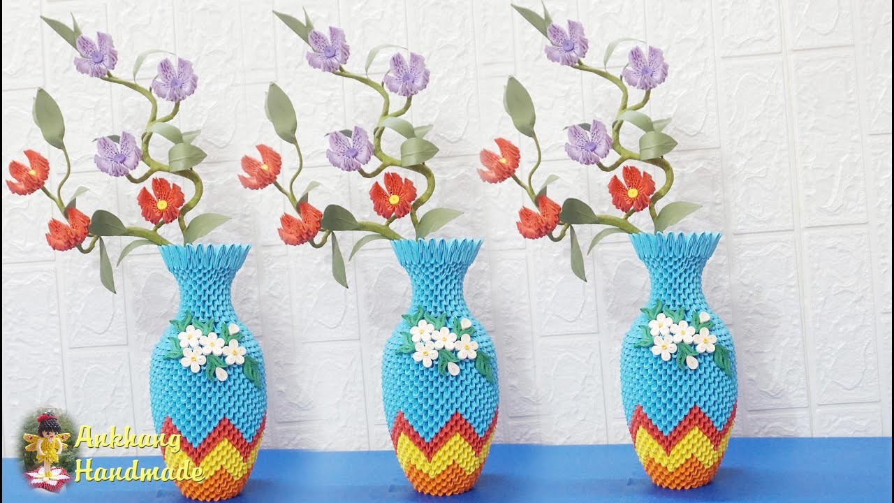 3d origami flower vase v26 tutorial | DIY making paper flower vase home decoration idea