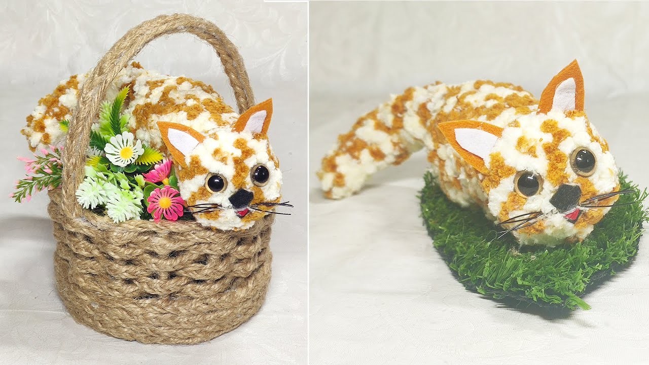 DIY easy crafts. Кот из ниток для вязания. Декоративный котик в корзинке из джута.