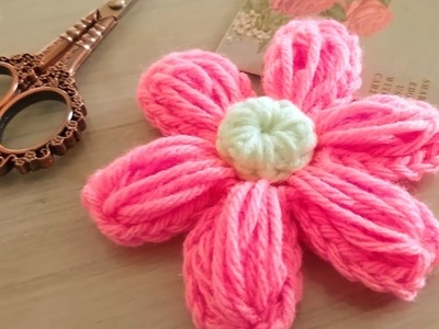Flor puff aplique crochet. flower knit. flor con botón ganchillo.DIY