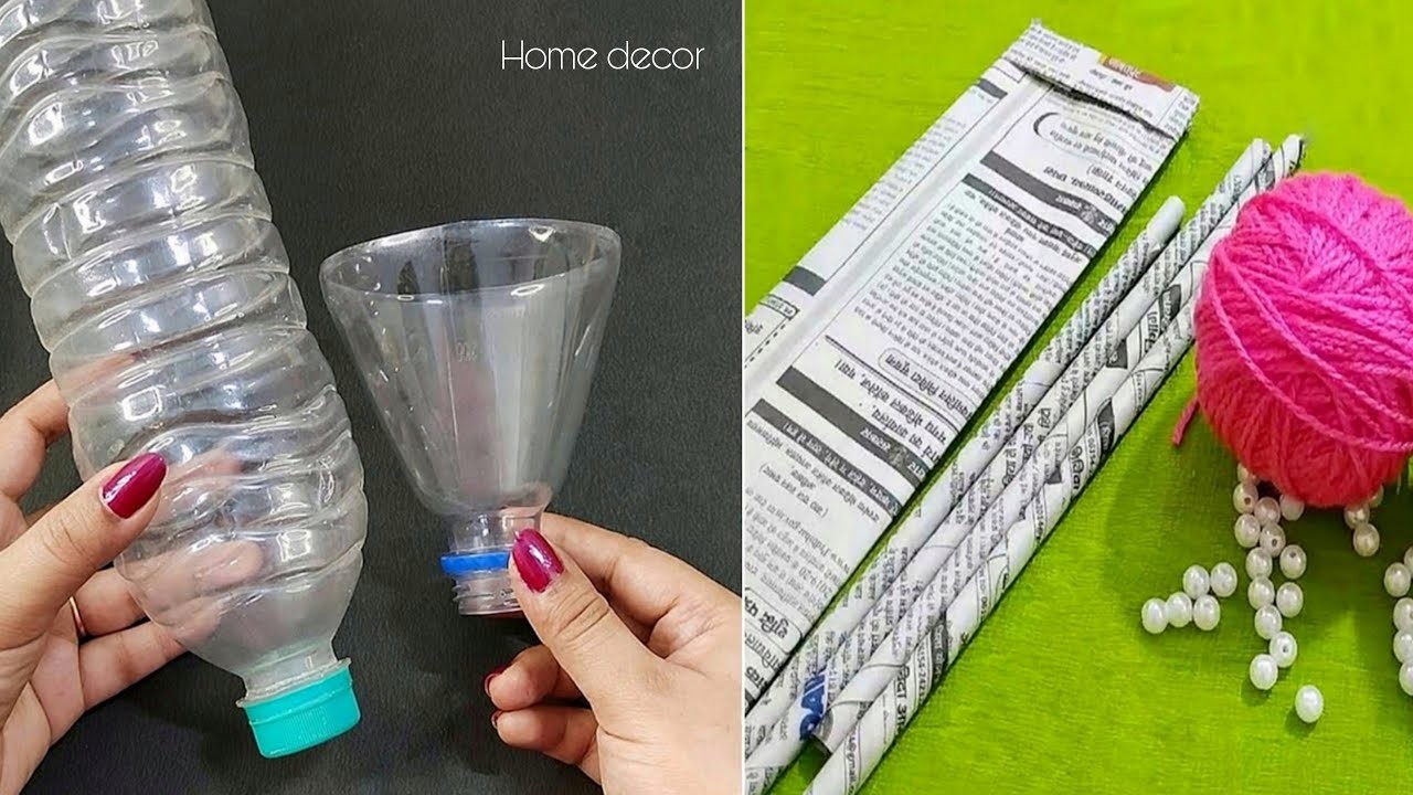 Reuse waste newspaper and plastic bottle for home decor - DIY Crafts for room decor