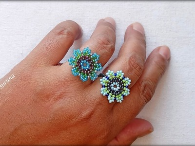 Flower Power, Beautiful Ring with seed beads only.Beaded Jewelry.Anillo Tutorial diy