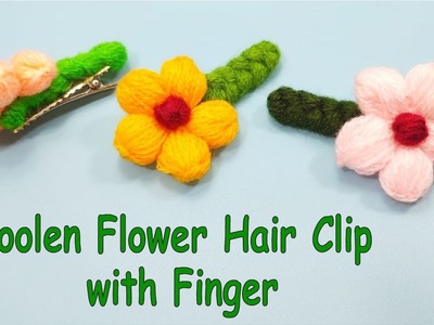 Flower Hair Clip Crochet using Fingers - Woolen Hair Clips Idea