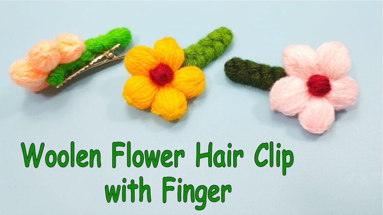 Flower Hair Clip Crochet using Fingers - Woolen Hair Clips Idea