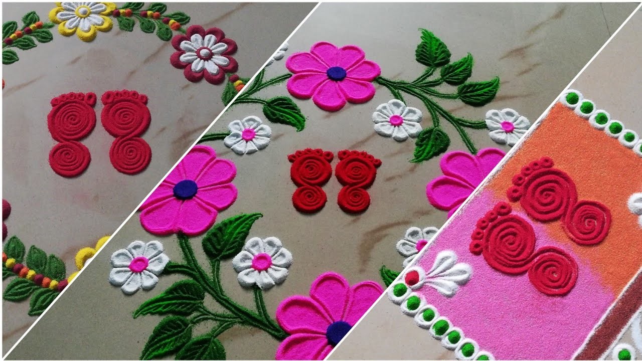 DIY How to make color sand rangoli art daily, Diwali special, Mahalakshmi Feet, Small, Easy |Rangoli