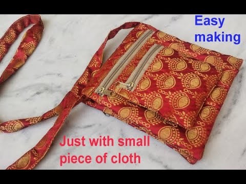 Multi pocket sling bag with small piece of cloth - cutting & sewing of cloth bag.scrap fabric reuse