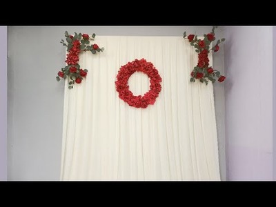 Wedding backdrop simple and easy , red hydrangea theme backdrop , eucalptus. education to do