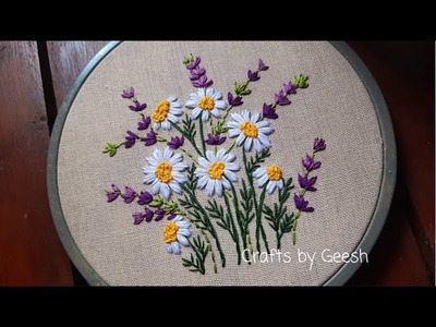 Daisy & Lavender flowers Hand embroidery for beginners | Satin stitch | Lazy Daisy stitch Lesson 44