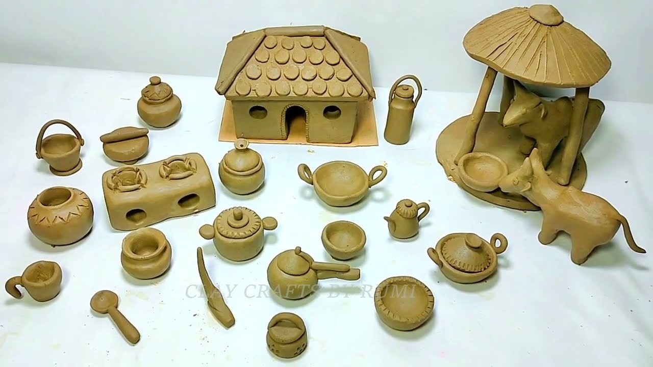DIY How to make polymer clay miniature house, kitchen set,Bullock cart, Hand Pump,Tree | Village