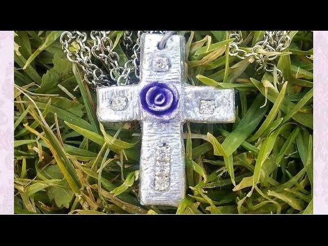 DIY pendant: Silver cross with rose, polymer.air-dry clay tutorial