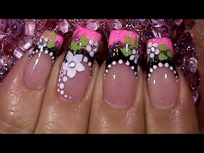 Black & Pink Floral French Manicure Nail Art Design Tutorial