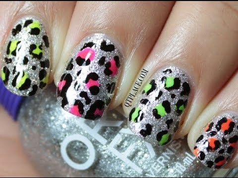 Glitter and neon leopard nail art