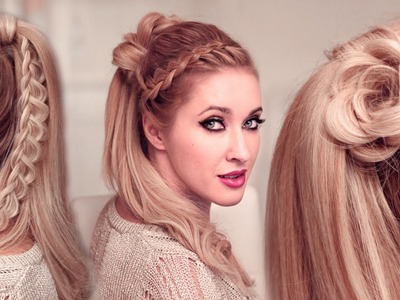 High ponytail hairstyles tutorial for long hair: FLOWER + braided goddess UPDO tutorial