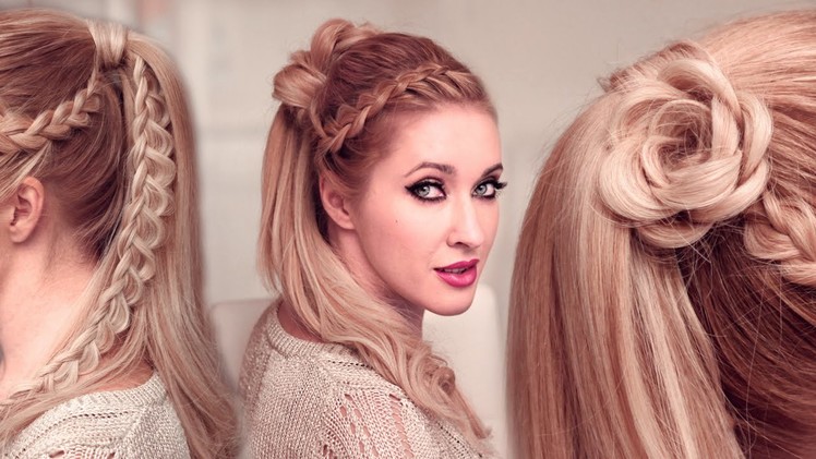 High ponytail hairstyles tutorial for long hair: FLOWER + braided goddess UPDO tutorial