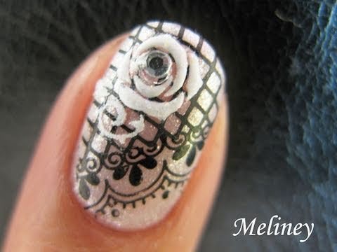 Konad Lace Stamping Nail Art Tutorial White Rhinestone Sticker Flower for short nails M57