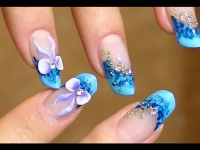 3D bow Nail Art on blue marble effect nails VIDEO TUTORIAL