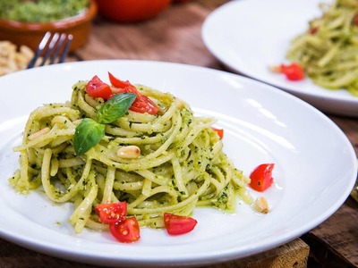Guilt-free Linguini with Tomatoes and Avocado Pesto