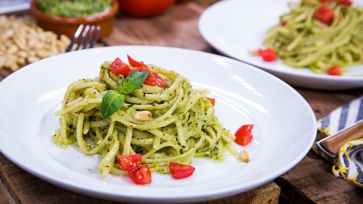 Guilt-free Linguini with Tomatoes and Avocado Pesto