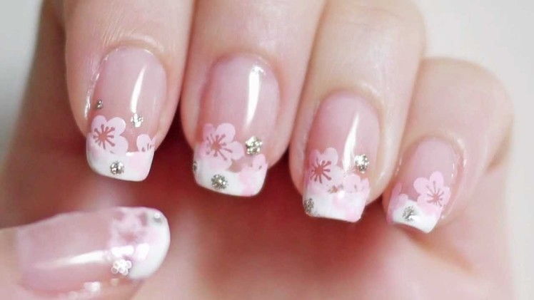 Cherry Blossom French Manicure Nails (Konad Stamping with Freehand Option)