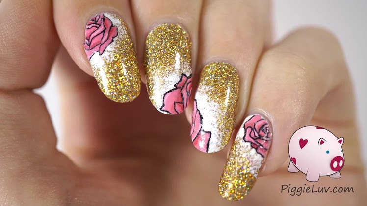How to paint pink roses, nail art tutorial by PiggieLuv