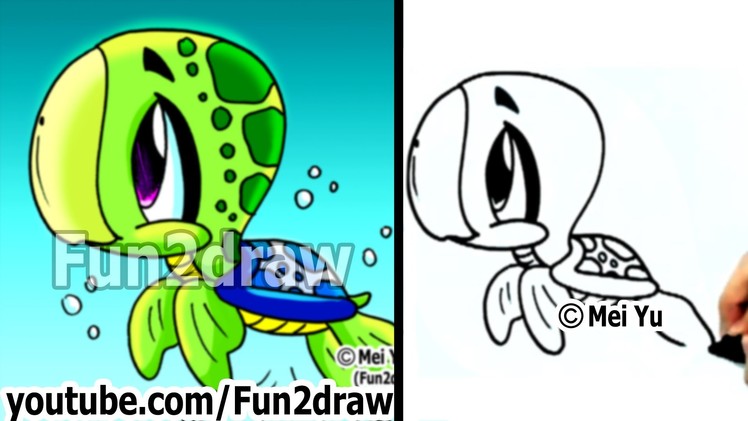 Turtles - How to Draw a Cartoon Sea Turtle - Draw Animals - Fun2draw