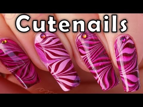 Water marble nail art : cute pink. purple zebra nails