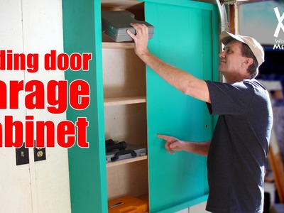 Sliding-door garage storage cabinet. Easy woodworking project to organize your shop.