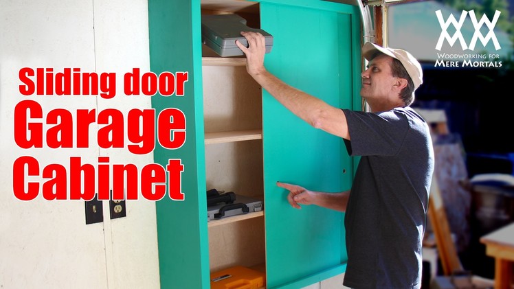 Sliding-door garage storage cabinet. Easy woodworking project to organize your shop.