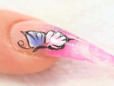 One Stroke Butterflies on Marbleized Acrylic Nail Design Tutorial Video by Naio Nails
