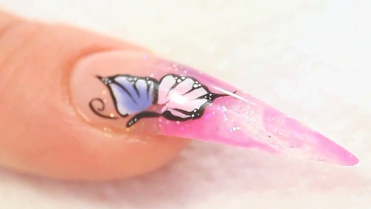 One Stroke Butterflies on Marbleized Acrylic Nail Design Tutorial Video by Naio Nails