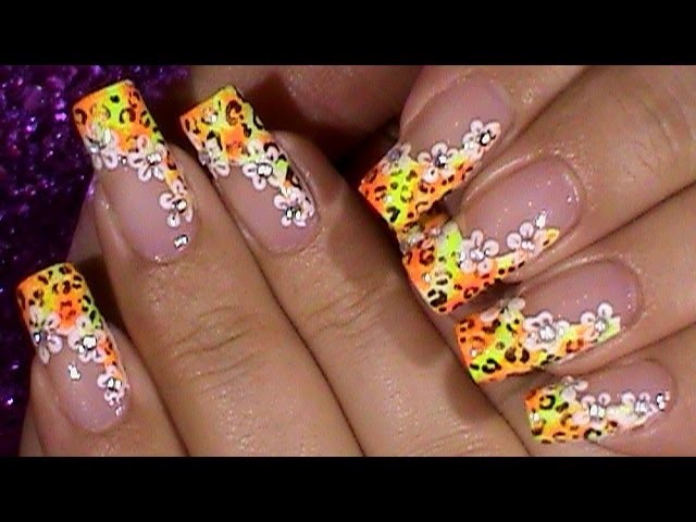 Neon Leopard Spring Flower Nails