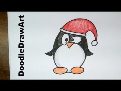 Drawing: How To Draw a Cute Cartoon Christmas Penguin Tux - Easy!  Step by Step drawing lesson