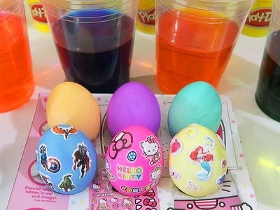 Coloring Easter Eggs with Hello Kitty, Marvel Avengers, & Disney Princess Sticker Decorations!