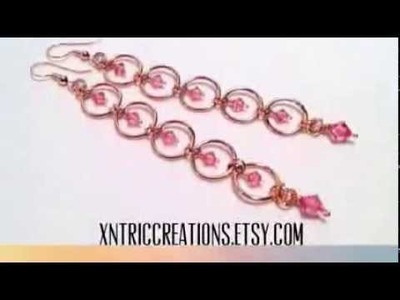 Rose Pink Crystal Copper WIre Wrapped Chainmaille Long Earrings
