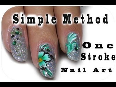 Simple Way To Make One Stroke Nail Art,Green Flower Design, Holographic Shiny Nails