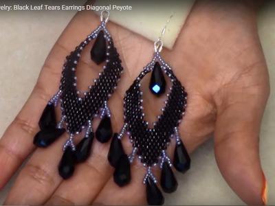 Handmade Jewelry: Black Leaf Tears Earrings Diagonal Peyote