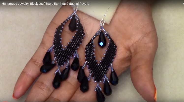 Handmade Jewelry: Black Leaf Tears Earrings Diagonal Peyote