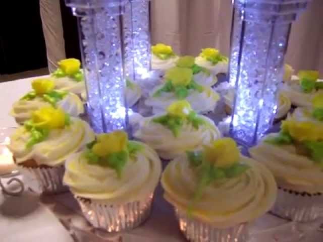 3 - Tier Wedding Cake, with cupcakes, yellow theme. Pillars light up.