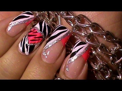 Animal Print Zebra Pink Heart Nail Art Design Tutorial