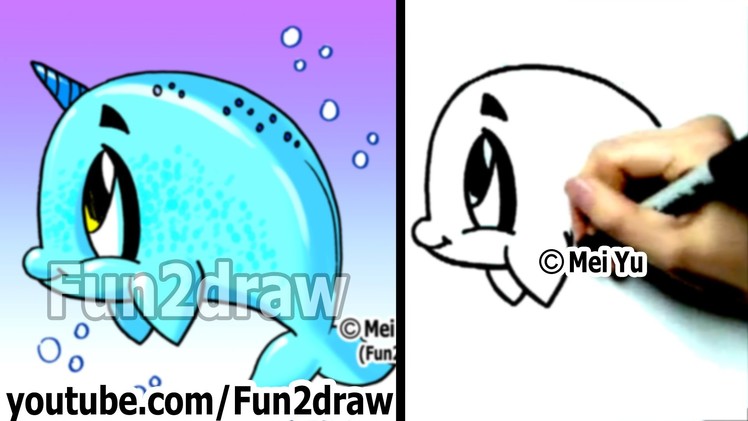 How to Draw a Cartoon Whale, Narwhal - Draw Animals - Learn to Draw - Fun2draw