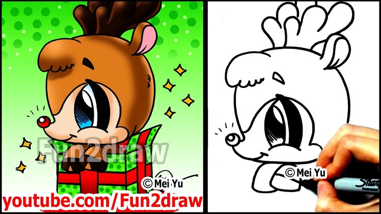 How to Draw Rudolph the Red Nosed Reindeer in a Christmas Gift - Fun2draw Winter Holiday drawing