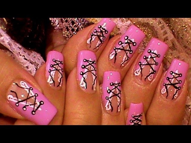 Pretty In Pink Lace Trim Corset Nail Art Design Tutorial