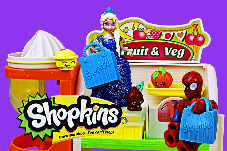 Shopkins With Frozen Elsa, Anna, & Lego Duplo Spider-Man Fruit and Veg Stand DisneyCarToys