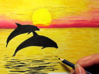 Landscape in colored pencil: Sunset and 2 dolphins